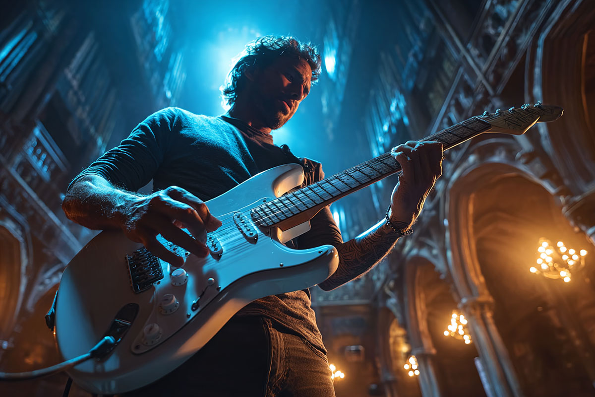 A close-up of a guitarist