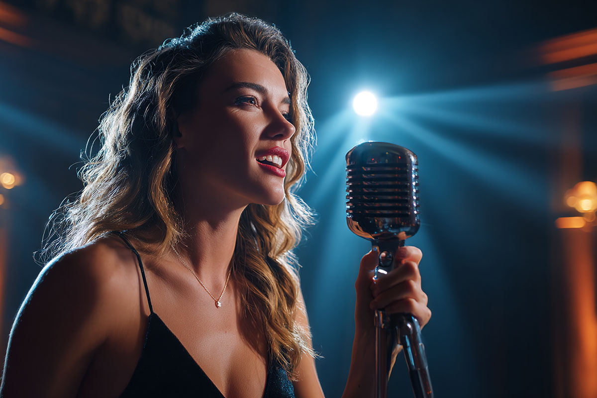 The lead singer at the microphone